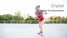  Presentation with lollipop - Colorful PPT theme enhanced with happy young woman with lollipop standing on roller skates and showing peace sign backdrop and a white colored foreground