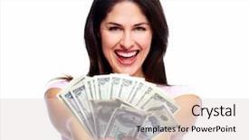  Presentation with saving - Amazing slide set having happy young woman with money backdrop and a  colored foreground