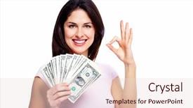  Presentation with saving - Presentation consisting of happy young woman with money background and a  colored foreground