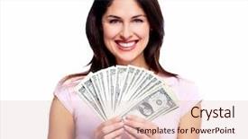  Presentation with saving - Presentation theme featuring happy young woman with money background and a lemonade colored foreground