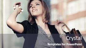  Presentation with mall - Colorful presentation theme enhanced with happy young woman with shopping bags against mall window backdrop and a dark gray colored foreground