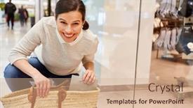  Presentation with mall - Slide deck with happy-young-woman-with-shopping background and a coral colored foreground