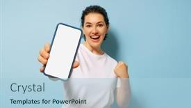 Presentation with smartphone - PPT layouts having happy-young-woman-with-smartphone background and a light blue colored foreground