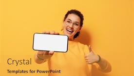  Presentation with smartphone - Presentation design having happy-young-woman-with-smartphone background and a yellow colored foreground