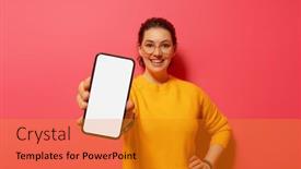  Presentation with smartphone - Presentation having happy-young-woman-with-smartphone background and a gold colored foreground