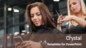 Presentation with hair salon - PPT layouts enhanced with happy young woman with smartphone and hairdresser making hair styling at salon background and a tawny brown colored foreground
