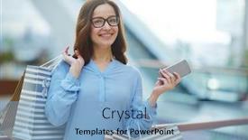  Presentation with smartphone - Cool new slides with happy-young-woman-with-smartphone backdrop and a light blue colored foreground