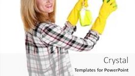  Presentation with spray - Audience pleasing theme consisting of happy young woman with sponge and spray for cleaning window on white background backdrop and a white colored foreground