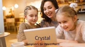  Presentation with young children - Cool new presentation design with happy young woman with touchpad showing her twin daughters movie for children backdrop and a coral colored foreground