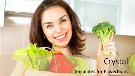  Presentation with grocery bag - PPT theme featuring happy young woman with vegetables in shopping bag beauty girl in the kitchen cooking healthy food diet concept young woman holding grocery shopping bag with vegetables healthy eating concept background and a coral colored foreground