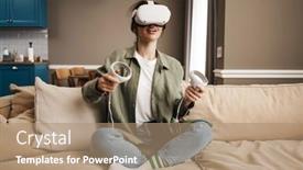  Presentation with virtual reality - Presentation theme enhanced with happy-young-woman-with-virtual background and a coral colored foreground