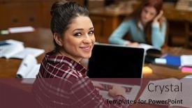  Presentation with library research - PPT layouts with happy-young-woman-working background and a tawny brown colored foreground