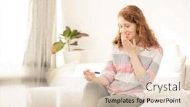  Presentation with pregnancy - PPT layouts consisting of happy young woman with her hand by mouth expressing surprise while looking at pregnancy test background and a lemonade colored foreground