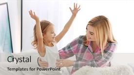  Presentation with daughter - Beautiful presentation design featuring happy young woman and her daughter having fun at home mother's day concept backdrop and a mint green colored foreground