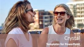  Presentation with women - Colorful presentation theme enhanced with happy-young-women-chatting-laughing backdrop and a coral colored foreground