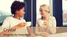  Presentation with tea and coffee - Colorful presentation design enhanced with happy young women drinking tea backdrop and a  colored foreground