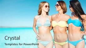  Presentation with happy holidays - Cool new PPT theme with happy young women in bikini backdrop and a cool aqua colored foreground