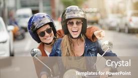  Presentation with safety - Cool new PPT theme with happy young women riding scooter backdrop and a coral colored foreground