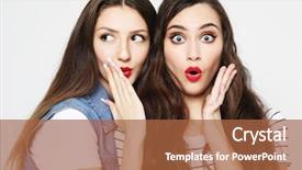  Presentation with full length portrait two men women brown sweater - Presentation theme featuring happy young women sharing secret background and a red colored foreground