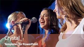 Presentation with happy holidays - Slide deck featuring happy young women singing karaoke background and a tawny brown colored foreground