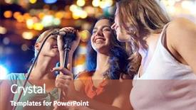  Presentation with night club - Audience pleasing PPT layouts consisting of happy young women singing karaoke backdrop and a red colored foreground