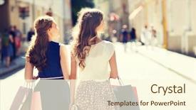  Presentation with city people walking - PPT theme consisting of happy young women with shopping background and a cream colored foreground