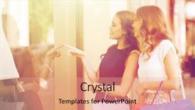  Presentation with consumerism - Cool new PPT layouts with happy young women with shopping backdrop and a coral colored foreground