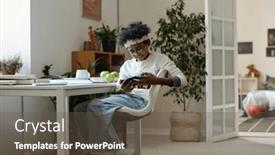  Presentation with youthful - Slide deck enhanced with happy-youthful-schoolboy-in-casualwear background and a  colored foreground