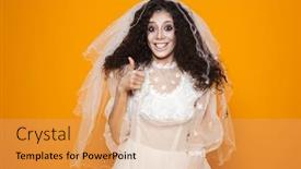  Presentation with zombie - Colorful PPT theme enhanced with happy zombie bride in white wedding dress showing thumb up and smiling to camera isolated over orange backdrop and a yellow colored foreground