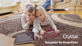  Presentation with living room family - Amazing slide deck having hapy young family have fun with their children at modern living room home indoors backdrop and a tawny brown colored foreground