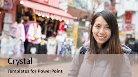  Presentation with street - Slide set consisting of harajuku fashion - asian woman visit at takeshita background and a mint green colored foreground