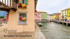  Presentation with apartment buildings - Beautiful presentation theme featuring harbor view and colorful apartment buildings in torbole venice italy backdrop and a coral colored foreground