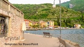  Presentation with apartment buildings - Audience pleasing PPT theme consisting of harbor view and colorful apartment buildings in torbole venice italy backdrop and a coral colored foreground