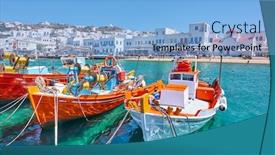  Presentation with fishing boats - Beautiful PPT theme featuring harbour-with-wooden-fishing-boats backdrop and a light blue colored foreground