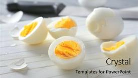  Presentation with cutting board - Slide set consisting of hard boiled eggs closeup nutrition background and a  colored foreground