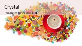  Presentation with coffee cup - PPT theme featuring hard candy - colorful candies jelly marmalade background and a lemonade colored foreground
