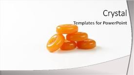  Presentation with peppermint candy cane on white - Amazing presentation having hard candy - stack of caramel candies backdrop and a  colored foreground