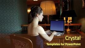  Presentation with hard disk - Amazing slide set having hard disk - woman using laptop backdrop and a tawny brown colored foreground