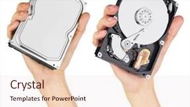  Presentation with hard disk - Slide deck enhanced with hard disk in hand isolated on white background background and a lemonade colored foreground