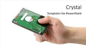 Presentation with hard disk - Presentation theme enhanced with hard disk in hand isolated background and a white colored foreground