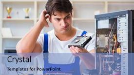  Presentation with old desktop computer - Audience pleasing slide set consisting of hard drive - computer repairman repairing desktop computer backdrop and a light blue colored foreground