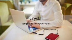  Presentation with journalist - PPT theme consisting of hard drive - journalist wrapped up in work background and a mint green colored foreground