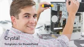  Presentation with computer configuration - Cool new PPT theme with hard drive - young technician working on broken backdrop and a light gray colored foreground