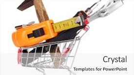  Presentation with construction tools - Presentation design enhanced with construction tools in shopping cart isolated on white background and a white colored foreground