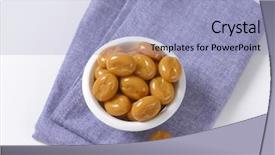  Presentation with tablecloth for the menu - Slide deck enhanced with hard toffee - bowl of caramel candies background and a light blue colored foreground