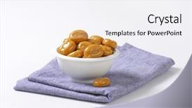  Presentation with tablecloth for the menu - Slide deck having hard toffee - bowl of caramel candies background and a sky blue colored foreground