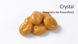  Presentation with racism white hands in modern - Theme with hard toffee - handful of caramel candies background and a sky blue colored foreground