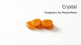  Presentation with peppermint candy cane on white - Audience pleasing presentation theme consisting of hard toffee - stack of caramel candies backdrop and a  colored foreground