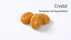  Presentation with three - Beautiful presentation theme featuring hard toffee - three caramel candies on white backdrop and a  colored foreground