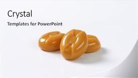  Presentation with three - PPT theme having hard toffee - three caramel candies on white background and a  colored foreground